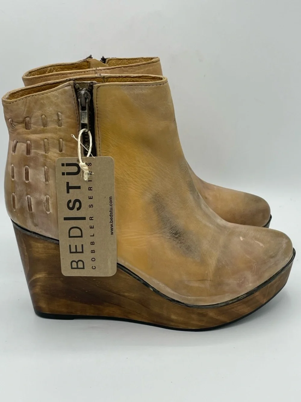 BED|STU Cobbler Series Tan Distressed Leather Wedge Ankle Boots NWT